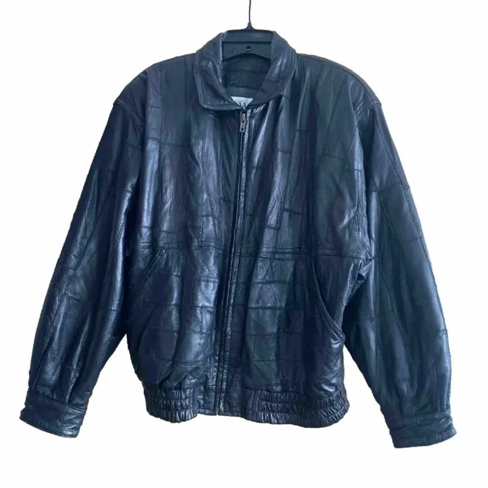 Vintage Black 100% Leather Bomber Type Jacket Mens M Lined Patchwork/Quilted